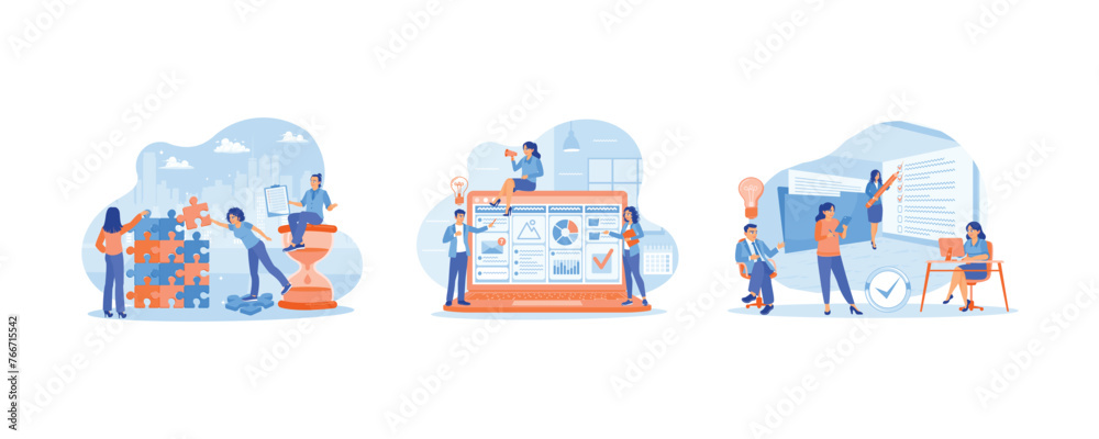 Business people working together on a new project. Analyzes and develops marketing ideas. Strategy, motivation, and successful leadership. Project Management concept. Set flat vector illustration.