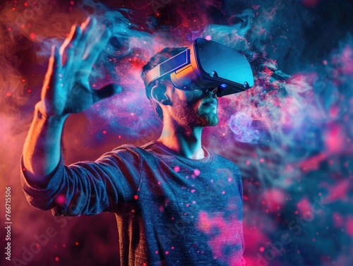 A man immersed in a virtual reality experience, surrounded by a vibrant nebula of digital particles. virtual, reality, VR, headset, man, digital, particles, immersive, technology, experience, vibrant