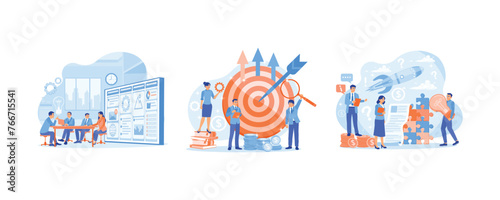 Business team having a meeting in office. Project management towards business targets. Strategy, motivation, and successful leadership. Project Management concept. Set flat vector illustration.
