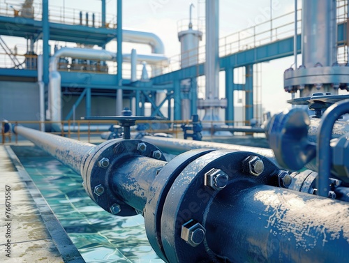 Industrial pipes at a water treatment plant with intricate machinery, symbolizing modern infrastructure and technology in utility management. pipes, industrial, water, treatment, plant, machinery