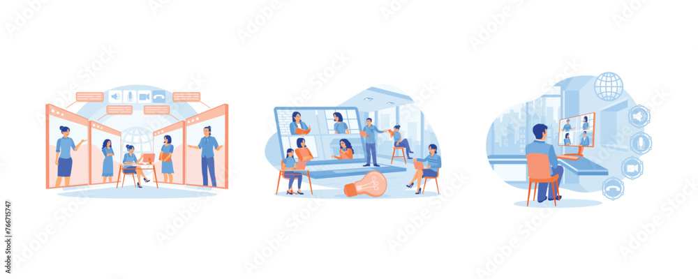 Business people holding virtual meeting. Exchange opinions and discuss during meetings. Make a video call on a computer screen. Video conference concept. Set flat vector illustrations.