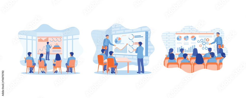 Business people hold online meetings with colleagues. Showing graph on the projector screen. Discuss statistical data. Business Seminar & Webinar concept. Set flat vector illustration.
