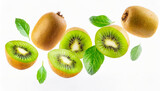 Kiwi with half slices kiwi falling or flying in the air with green leaves isolated on white background. Generative AI.
