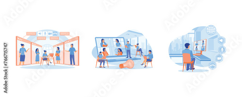 Business people holding virtual meeting. Exchange opinions and discuss during meetings. Make a video call on a computer screen. Video conference concept. Set flat vector illustrations.