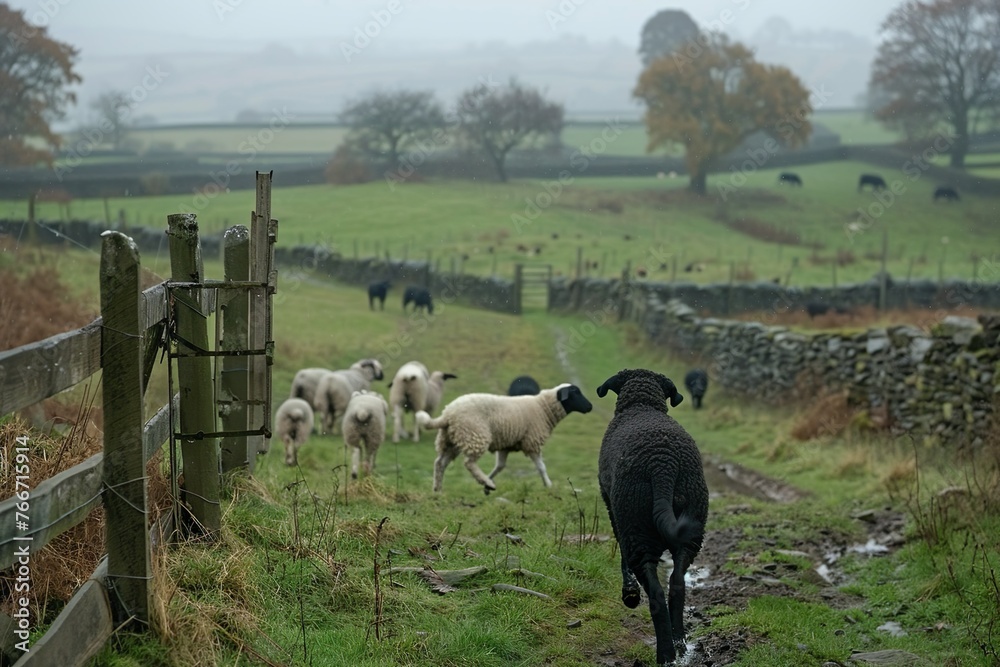 Fototapeta premium Farmer and his loyal dog working together to herd sheep in the highlands.