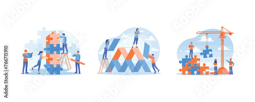 People connect puzzle pieces. Teamwork in solving problems. Cooperation and communication. Team Building concept. Set flat vector illustration.