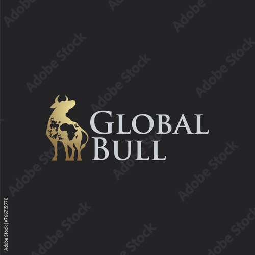powerful bull cow logo icon vector on black background with earth mark on body