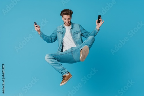 High-Energy Leap With Dual Phones Against a Vibrant Blue Backdrop photo