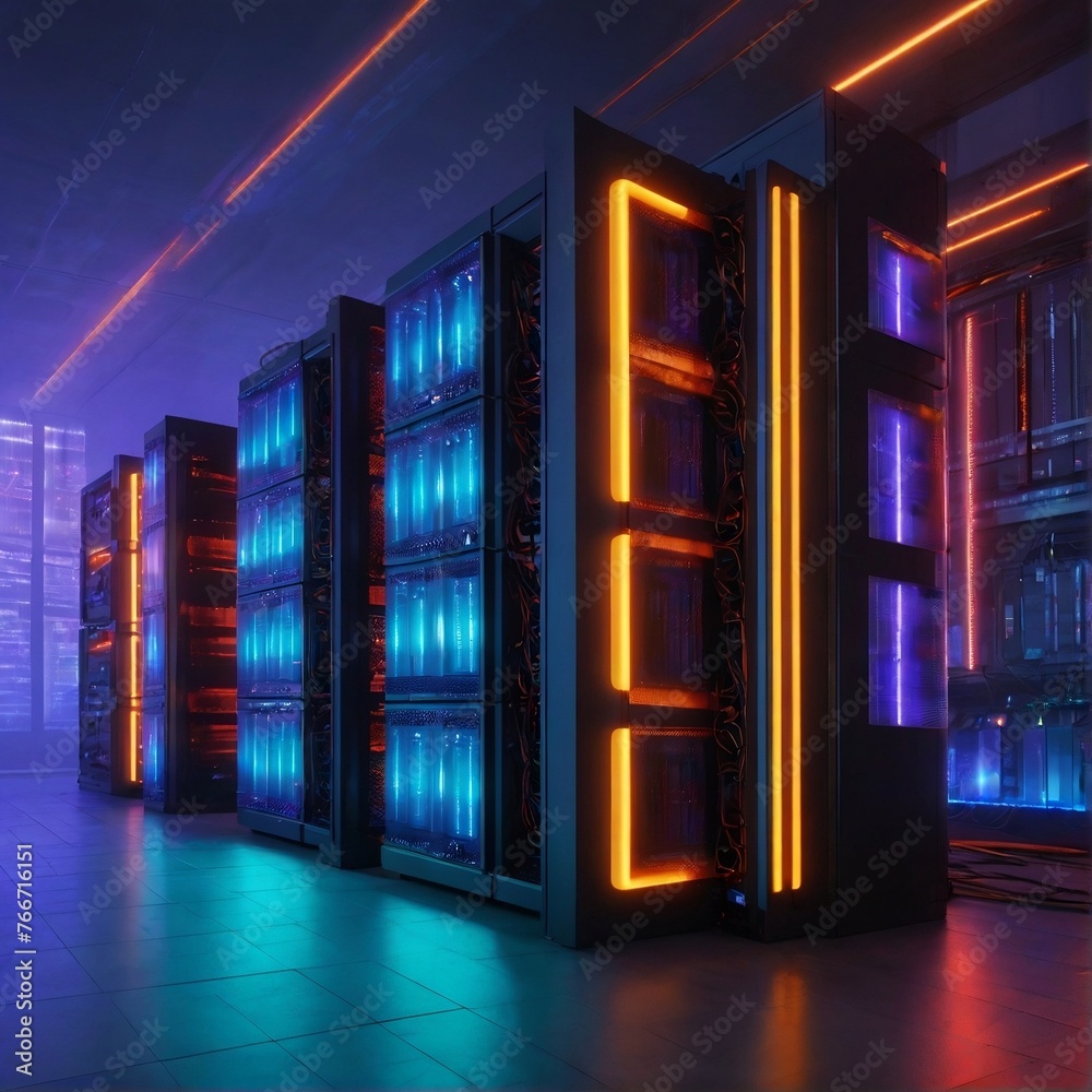 Explore digital realm: AI artwork reveals server room ablaze with colorful lights, mesmerizing display.