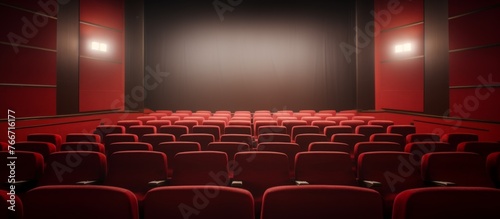 The movie theater room is equipped with rows of magenta seats arranged in a rectangle. The building serves as an entertainment venue for events, with a projector accessory as the main display device