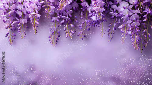 Wisteria flowers with glitter bokeh background. Copy space. 