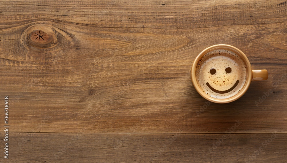 Hot chocolate, a happy hot chocolate, coffee, expresso in a white cup with a smiley face on a rustic wood background a good morning start to the day - obrazy, fototapety, plakaty 