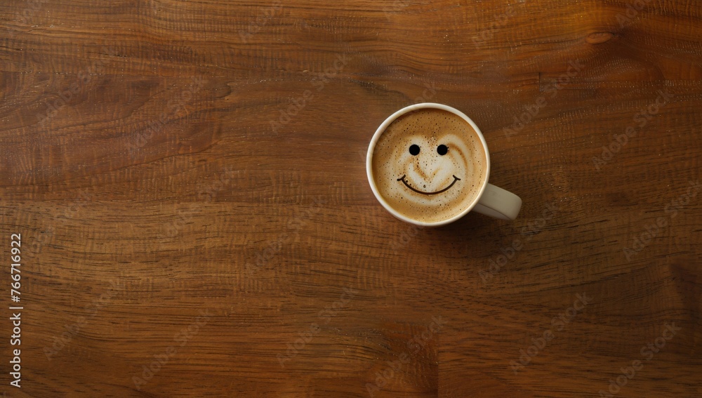 Hot chocolate, a happy hot chocolate, coffee, expresso in a white cup with a smiley face on a rustic wood background a good morning start to the day - obrazy, fototapety, plakaty 