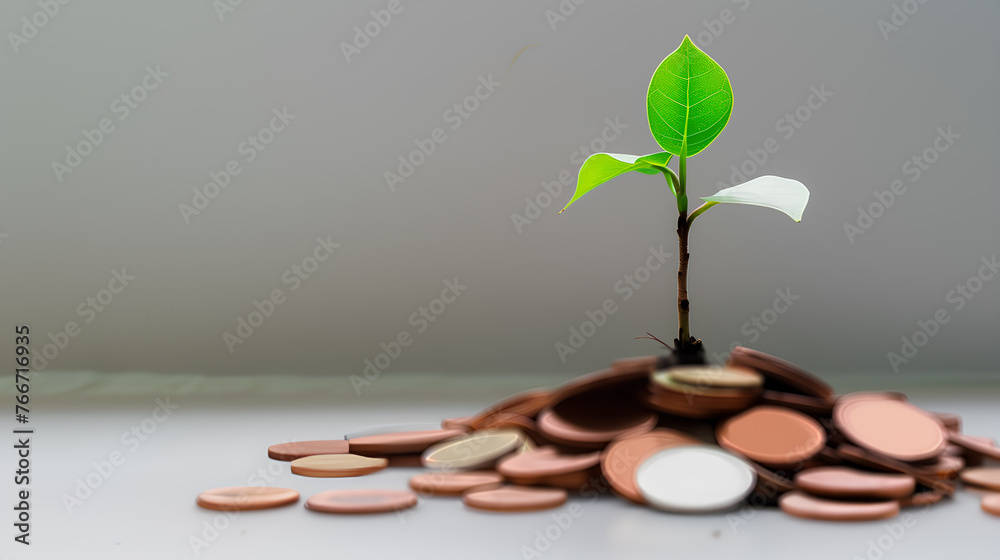 A plant is growing on top of a pile of coins. The coins are arranged in ...