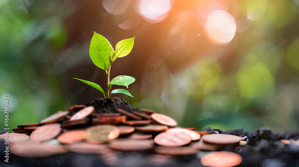 A plant is growing on top of a pile of coins. The coins are arranged in ...