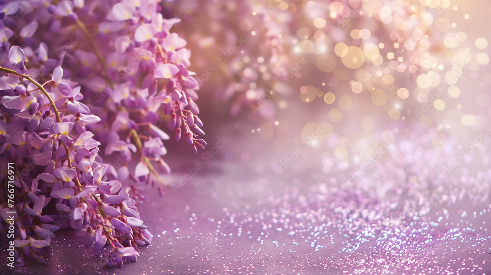 Wisteria flowers with glitter bokeh background. Copy space. Wisteria flowers with glitter bokeh background. Copy space.