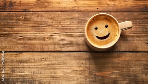 Hot chocolate, a happy hot chocolate, coffee, expresso in a white cup with a smiley face on a rustic wood background a good morning start to the day