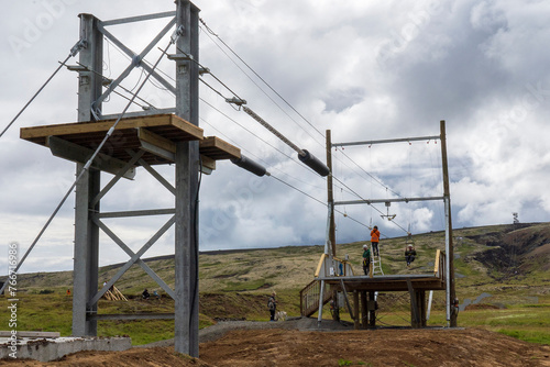 People ziplining outdoors in Southern Iceland.