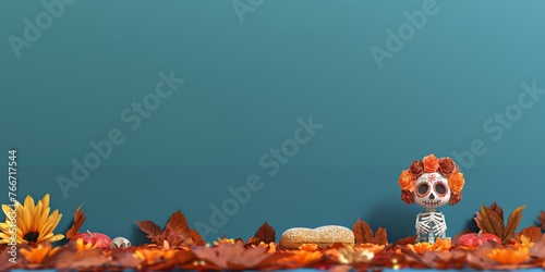 Seasonal autumn display with a skull figurine against a blue backdrop.