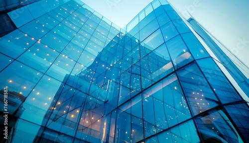 Blue sky reflecting on a curved glass skyscraper