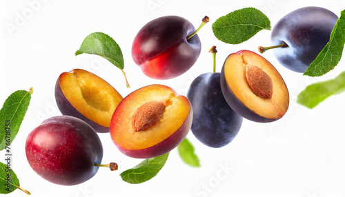 plums with half slices plum falling or flying in the air with green leaves isolated on white background. Generative AI.