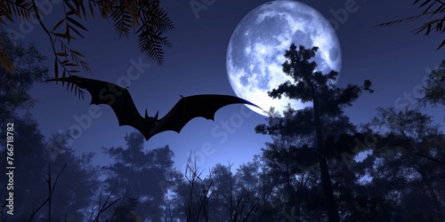 Bat silhouette flying against a full moon with a night sky and trees, a Halloween theme.