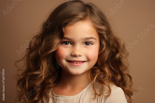 Portrait of a cute smiling little girl with long curly hair.