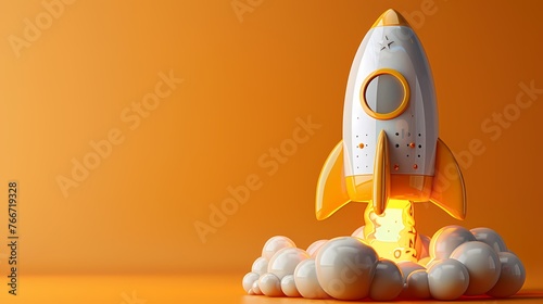 Cute cartoon rocket model ready to take off on yellow gradient background 