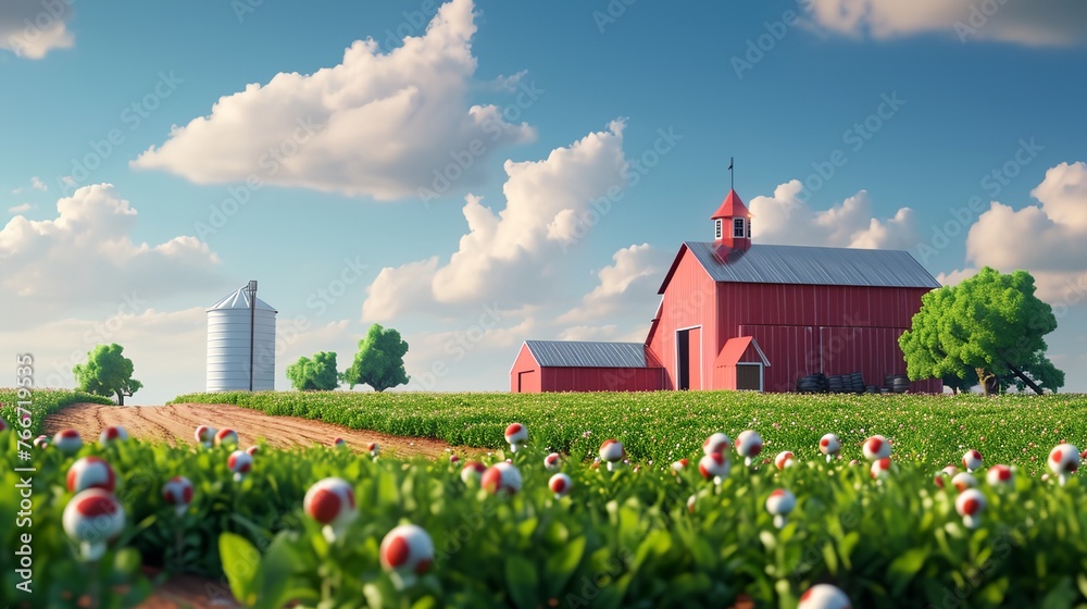 a red barn in a field with flowers and a silo in the background - obrazy, fototapety, plakaty 