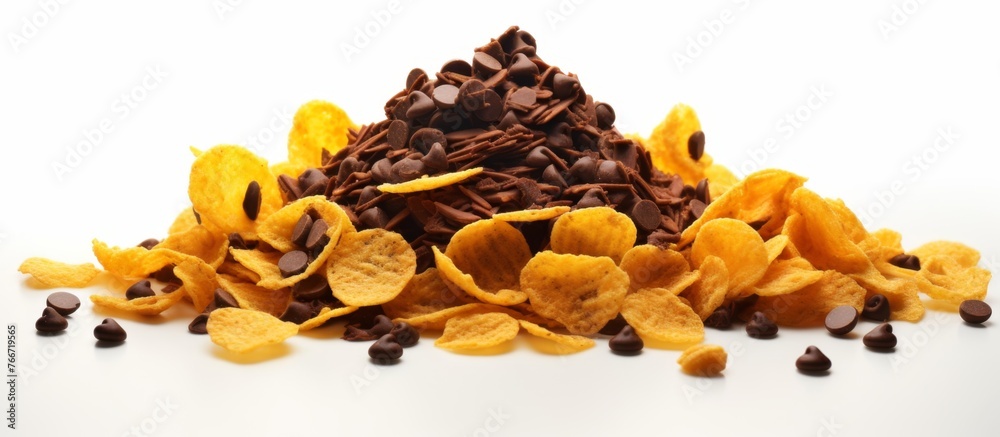 Obraz premium A pile of corn flakes and chocolate chips, key ingredients for a delicious snack. Perfect for sharing at events or as a staple food in your cuisine recipes