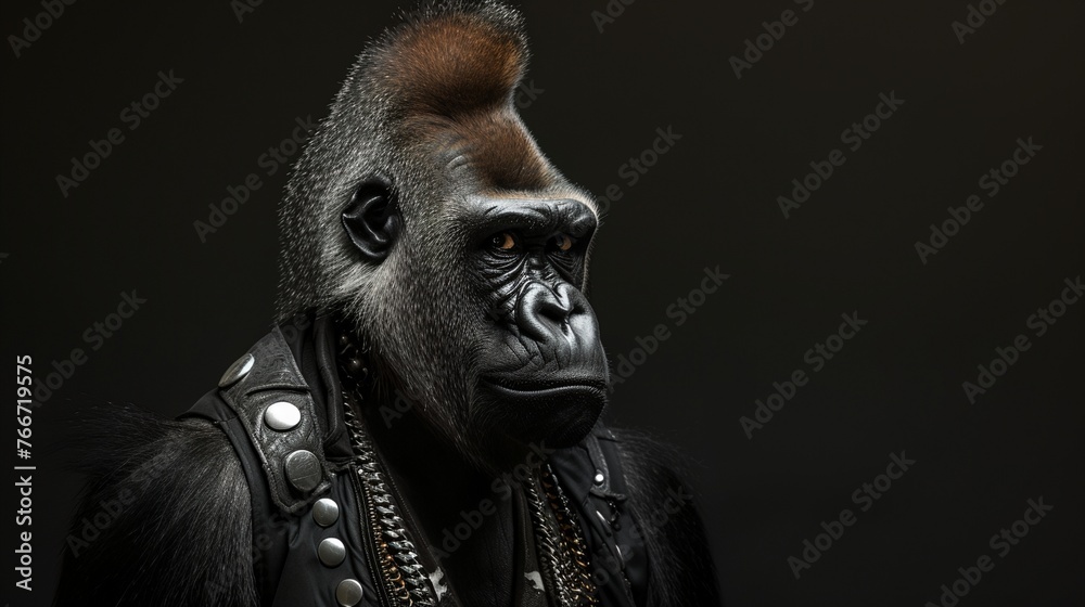 a gorilla with a leather jacket
