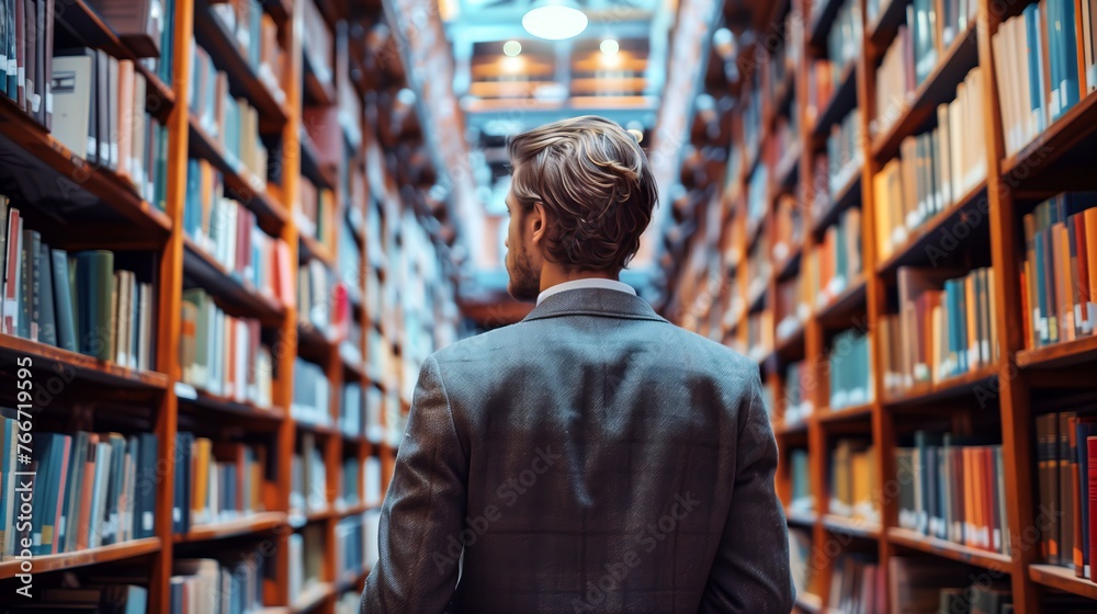 A business man looking for books in library A business man looking for books in library