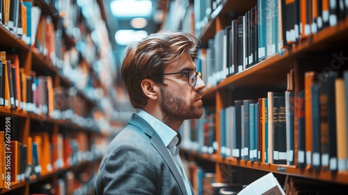 A business man looking for books in library