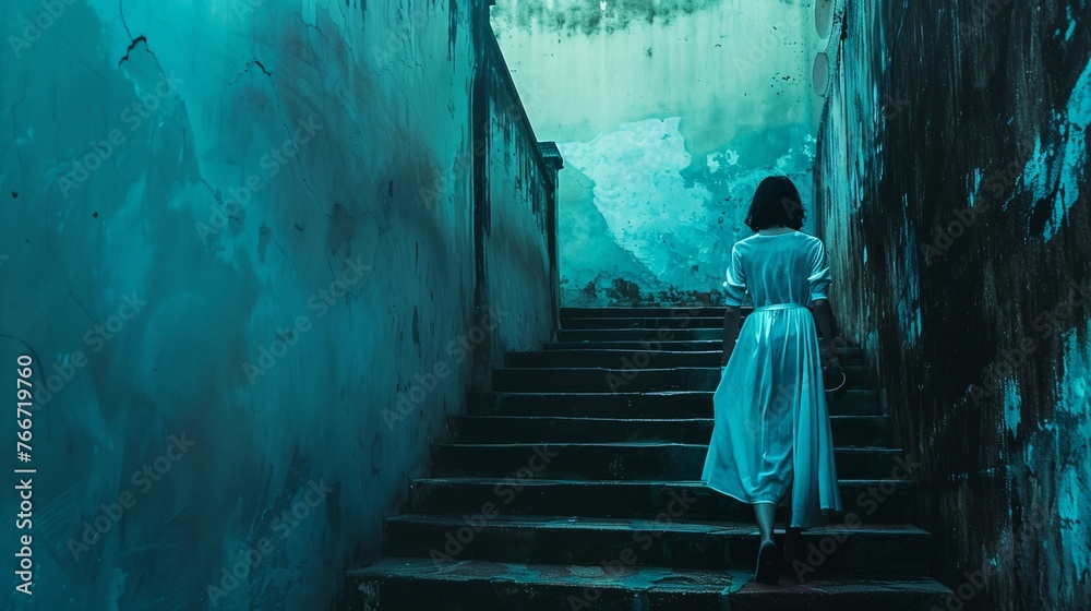 A woman in a white dress walks up a staircase in a dark alley