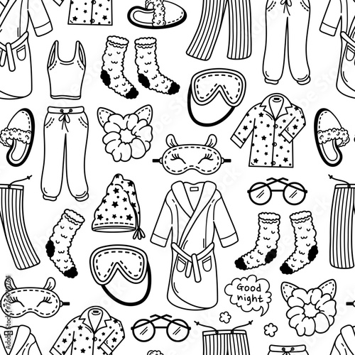 Sleep seamless vector pattern. Clothes for napping - star pajamas, bathrobe, sleep mask, night cap, slippers, warm socks, soft pants. Bedtime, home accessories for dream. Hand drawn doodle background