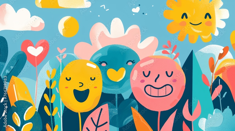 a painting of a group of flowers and plants with faces drawn on them and a sky background with clouds