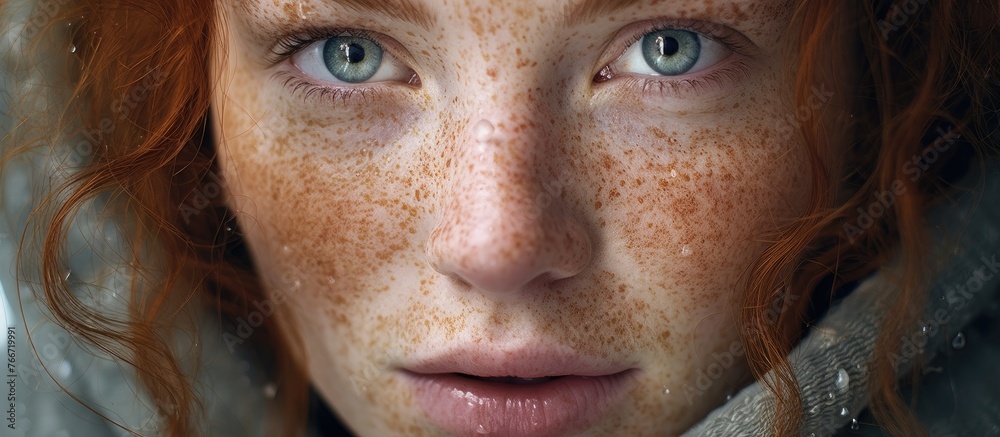 Captured in detail, a woman's face displays a unique charm with prominent freckles scattered across her skin