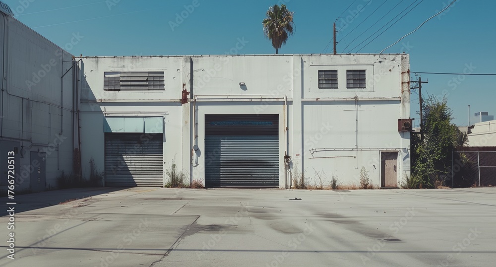 a white building with a large garage door and a tree in front of it on a street corner a white building with a large garage door and a tree in front of it on a street corner