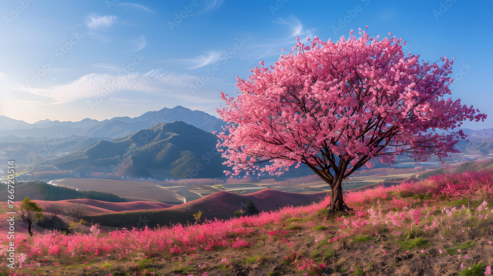 A single pink tree stands on a hillside with a mountain range in the background. The sky is blue with pink clouds. A single pink tree stands on a hillside with a mountain range in the background. The sky is blue with pink clouds.