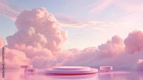 A serene cloud-infused backdrop graces a pink podium, ideal for product prominence. AI Generative.
