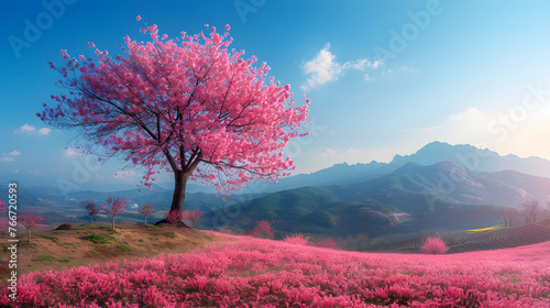 A single pink tree stands on a hillside with a mountain range in the background. The sky is blue with pink clouds.
