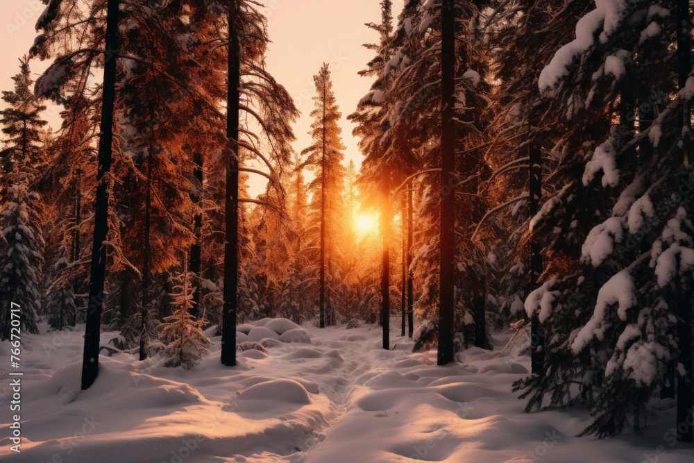 The sun is shining through the trees in the snow The sun is shining through the trees in the snow