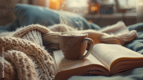 Cozy composition with cup of coffee tea book and blanket. Background concept