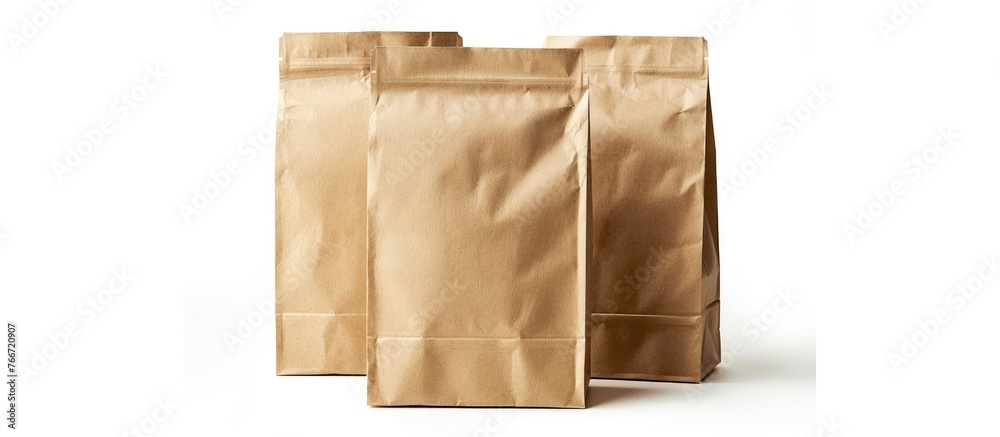 A brown kraft paper bag is shown in a mockup collection against a white background, ready for packaging designs. The image includes a clipping path for easy editing.
