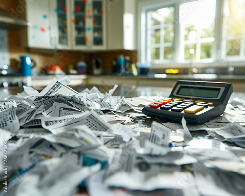 Close-up on a calculator and budget sheets with negative numbers, symbolizing economic stress and bankruptcy, set against a home's kitchen table strewn with unpaid bills