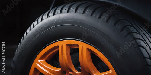 Close-up of a car wheel with metallic orange rim photo