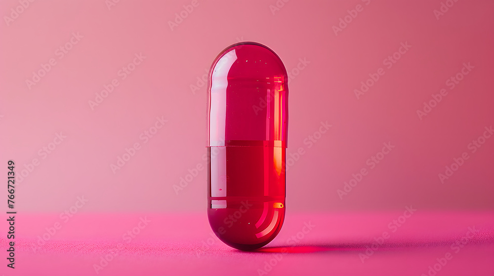 A transparent pink and red capsule pill, on a pink background. A transparent pink and red capsule pill, on a pink background.