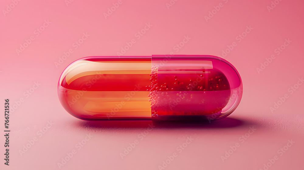 A transparent pink and red capsule pill, on a pink background.