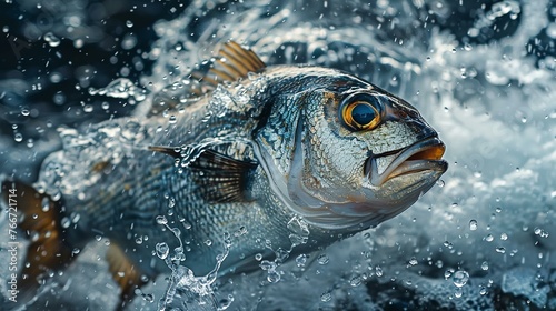 Whole fish with glistening scales, surrounded by splashing sea water