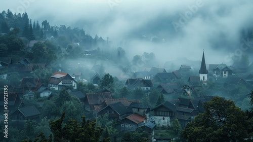 The stillness of an early morning, fog embracing a sleepy village